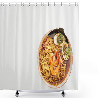 Personality  Top View Of Spicy Seafood Ramen Isolated On White Shower Curtains