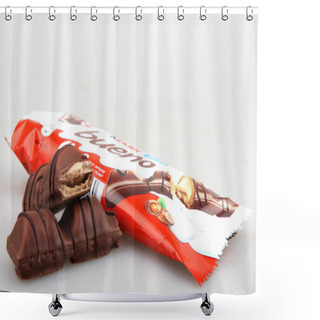 Personality  AYTOS, BULGARIA - APRIL 03, 2015: Kinder Bueno Chocolate Candy Bar. Kinder Bueno Is A Chocolate Bar Made By Italian Confectionery Maker Ferrero. Shower Curtains