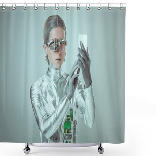 Personality  Young Woman Robot Using Smartphone Isolated On Grey, Future Technology Concept Shower Curtains