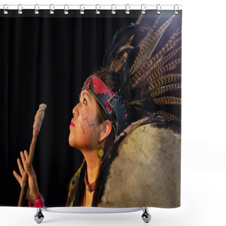 Personality  Close Up Of Young Woman Teotihuacana, Xicalanca - Toltec In Black Background, With Traditional Dress Dance With A Trappings With Feathers And Drum Shower Curtains