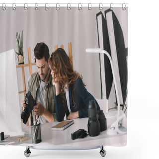 Personality  Photographer And Model Choosing Photos Shower Curtains