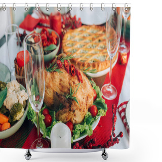 Personality  Selective Focus Of Roasted Turkey, Pie And Vegetables On Table Served With Delicious Thanksgiving Dinner Shower Curtains