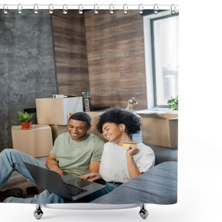 Personality  Positive African American Couple Doing Online Shopping Near Carton Boxes In New House Shower Curtains