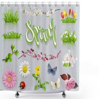 Personality  Spring Set. Grass And Flowers. 3d Vector Icon Shower Curtains