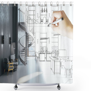 Personality  Hand Drawing Coworking Office Interior With Stairs And Computer On Desktop And City View. Workplace And Company Concept. Shower Curtains