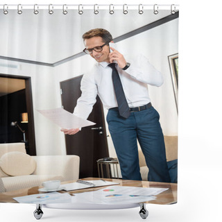 Personality  Businessman Reading Paperwork And Talking On Phone Shower Curtains