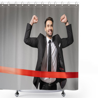 Personality  Joyful Businessman In Black Stylish Suit Showing Win Gesture While Crossing Finish Ribbon On Grey Background Shower Curtains