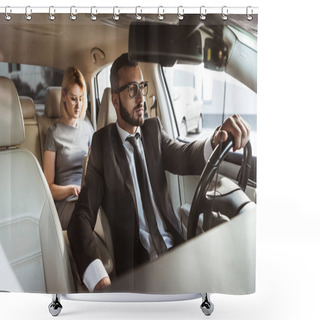 Personality  Handsome Driver And Attractive Businesswoman In Car Shower Curtains