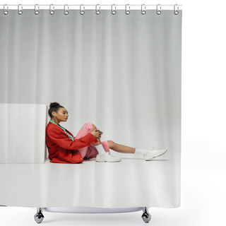 Personality  Thoughtful African American Woman In Modern And Vibrant Clothes Sitting Near Cube On Grey Backdrop Shower Curtains