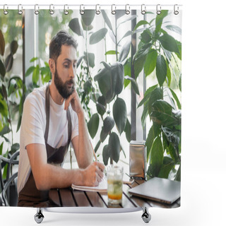 Personality  Barista In Apron Writing On Notebook Near Lemonade And Laptop On Table In Coffee Shop Shower Curtains
