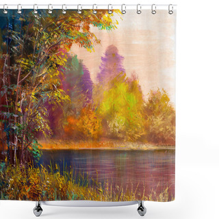Personality  Landscape Painting Showing Trees On The River Shore On Sunny Autumn Day. Shower Curtains