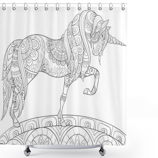 Personality  A Cute  Unicorn  With Ornaments On The Bridge  Image For Relaxing.A Coloring Book,page For Adults.Zen Art Style Illustration For Print.Poster Design, Shower Curtains