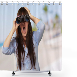 Personality  Portrait Of A Young Woman Looking Through Binoculars Shower Curtains