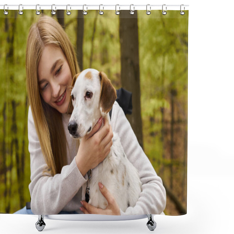 Personality  Smiling Blonde Woman Hugging Her Dog, Caring For Her Pet While Having A Halt On Forest Trip Shower Curtains