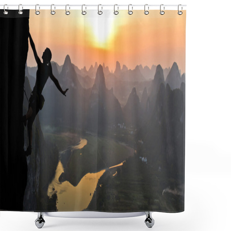 Personality  Silhouette Of Female Athlete On Chinese Mountain Sunset Shower Curtains
