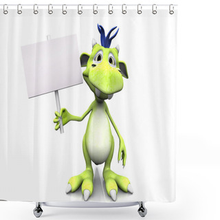 Personality  A Cute Friendly Cartoon Monster Holding A Blank Sign In His Hand. The Monster Is Green With Blue Hair. White Background. Shower Curtains