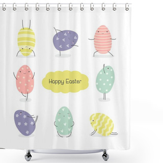 Personality  Set Of Easter Eggs In Kawaii Style . Easter Yoga. Stripes, Waves, Dots, Hearts, Stars. Perfect For Holiday Greetings. Vector Illustration. Shower Curtains
