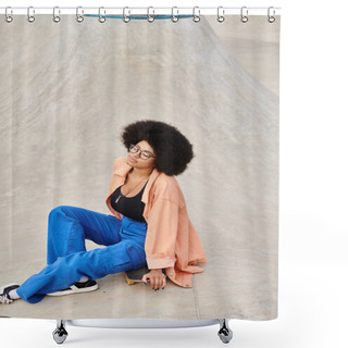 Personality  Stylish Young African American Woman With Curly Hair Sits On A Skateboard In A Vibrant Urban Skate Park. Shower Curtains