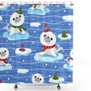 Personality  Seamless Pattern With Baby Seals Floating On An Ice Floe. Vector. Shower Curtains