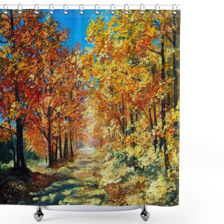 Personality  Oil Painting Landscape - Autumn Forest, Bright Red Leaves, Blue  Shower Curtains