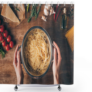 Personality  Top View Of Hands With Spaghetti Pasta And Ingredients On Wooden Tabletop Shower Curtains
