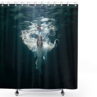 Personality  Portrait Of A Beautiful Woman In A White Dress Under The Water. Shower Curtains