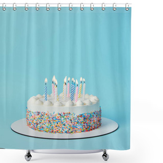 Personality  Tasty Birthday Cake With Lighting Candles On Blue Background Shower Curtains