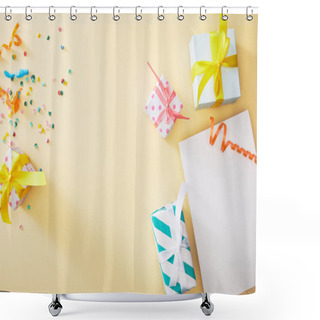 Personality  Top View Of Festive Colorful Confetti And Presents Near Blank Paper On Beige Background Shower Curtains