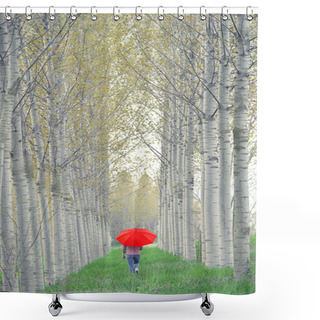 Personality  Woman With Red Umbrella Walking Away Shower Curtains