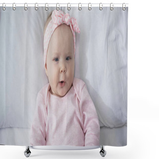 Personality  Top View Of Infant Girl In Headband Looking At Camera While Lying In Bed Shower Curtains