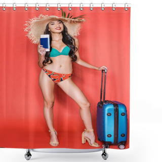 Personality  Woman In Swimsuit With Suitcase And Tickets Shower Curtains