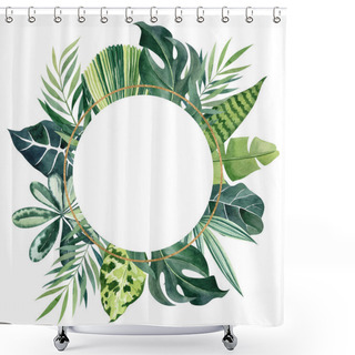 Personality  Tropical Leaves Watercolor Golden Geometric Frame With Copy Space. Round Border For Wedding Invitations, Cards, Save The Date Cards, Birthday Cards. Hand Drawn Illustration With Jungle Foliage. Shower Curtains