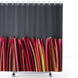 Personality  Above View With Rhubarb Stalks Aligned On A Black Background. Fresh Vegetables. Organic Rhubarb Stems On A Black Table Shower Curtains