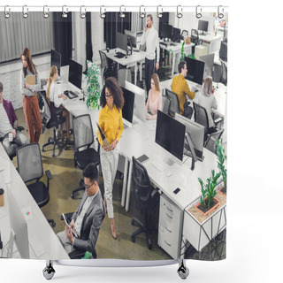 Personality  High Angle View Of Professional Young Businesspeople Working With Computers And Documents In Open Space Office   Shower Curtains