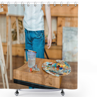 Personality  Cropped View Of Kid Standing Near Wooden Table With Gouache Paints  Shower Curtains