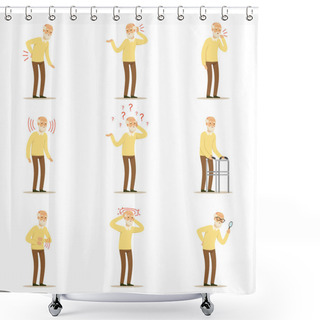 Personality  Elderly Man Diseases, Pain Problem In Back, Neck, Arm, Heart, Knee And Head. Senior Health Set Of Colorful Cartoon Characters Detailed Vector Illustrations Shower Curtains
