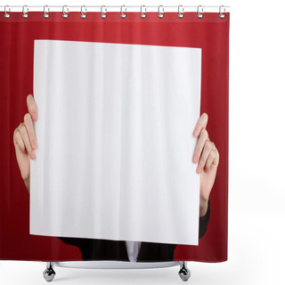 Personality  Woman Holding Blank Sign In Front Her Face, On Color Background Shower Curtains