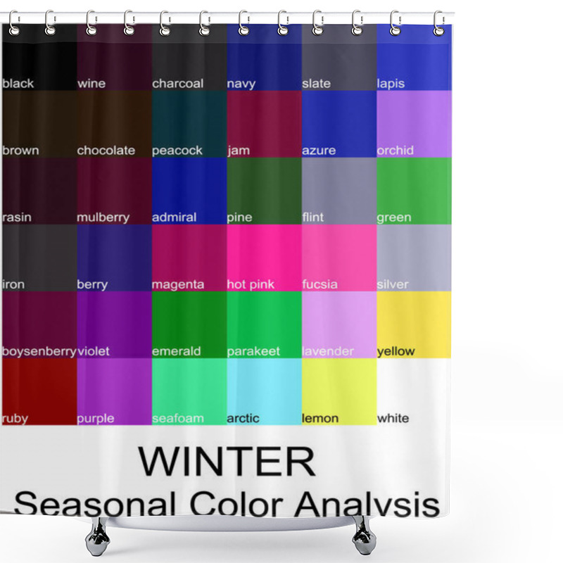 Personality  Stock Vector Color Guide With Color Names. Seasonal Color Analysis Palette For Winter Type. Type Of Female Appearance Shower Curtains