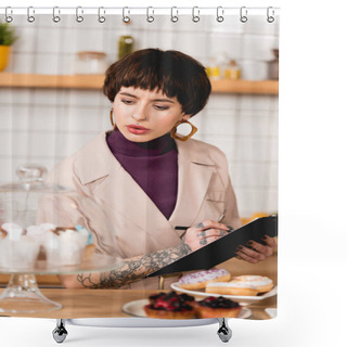 Personality  Selective Focus Of Attentive Businesswoman Writing In Clipboard While Standing At Bar Counter In Cafe Shower Curtains