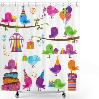 Personality  Vector Set Of Cute Party Themed Birds Shower Curtains