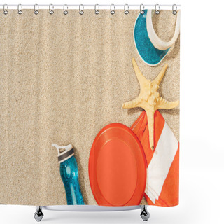 Personality  Flat Lay With Water Bottle, Towel, Cap, Frisbee And Sea Star On Sand Shower Curtains