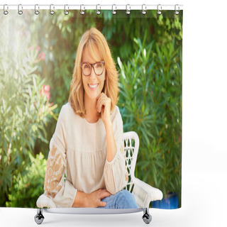 Personality  Portrait Of Happy Middle Aged Woman Wearing Casual Clothes And Looking At Camera While Sitting In The Garden And Relaxing. Shower Curtains