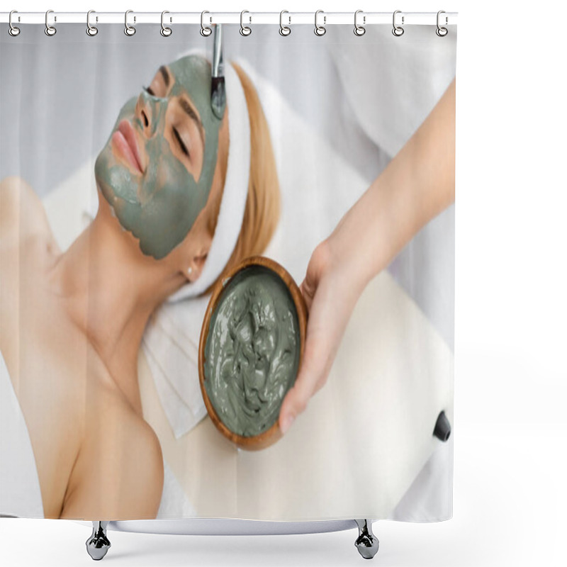 Personality  High Angle View Of Beautician Applying Clay Mask On Face Of Woman Lying On Massage Table Shower Curtains