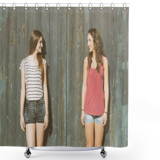 Personality  Portrait Of Two Beautiful Girls With Wooden Background Shower Curtains