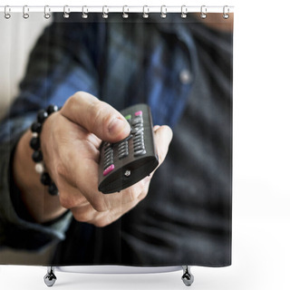 Personality  Cropped Shot Of Man Carrying Remote Controller Shower Curtains