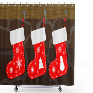 Personality  Christmas Socks, Red Color, Wooden Background Shower Curtains