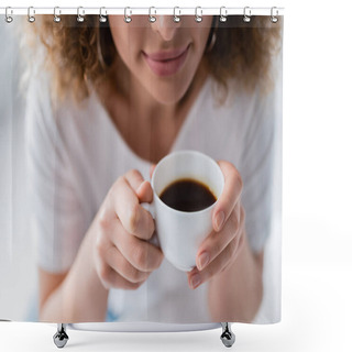 Personality  Cropped View Of Pleased Woman Holding Cup Of Black Aromatic Coffee On Blurred Background Shower Curtains
