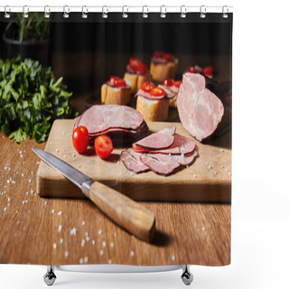 Personality  Selective Focus Of Tasty Ham Slices, Cherry Tomatoes And Knife On Cutting Board Near Parsley And Canape Shower Curtains
