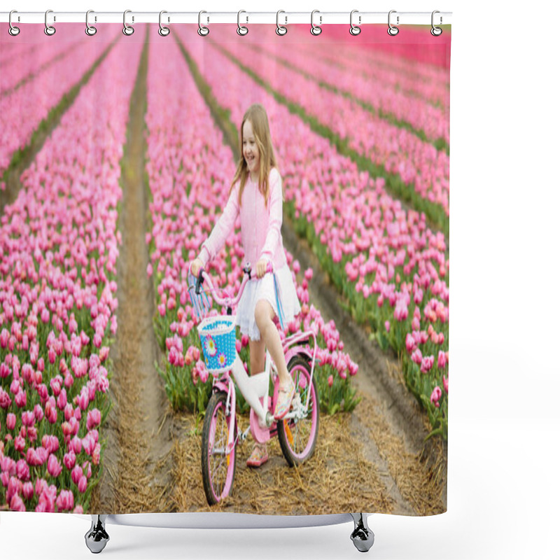Personality  Child riding bike in tulip flower field during family spring vacation in Holland. Kid cycling in pink tulips. Little girl cycling in the Netherlands. European trip with kids. Travel with children. shower curtains