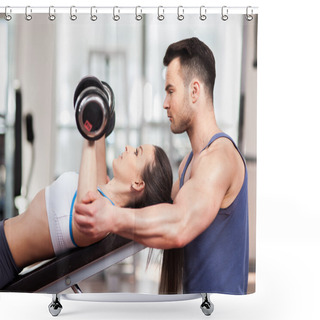 Personality  Personal Trainer Helping Woman Working With Dumbbells Shower Curtains